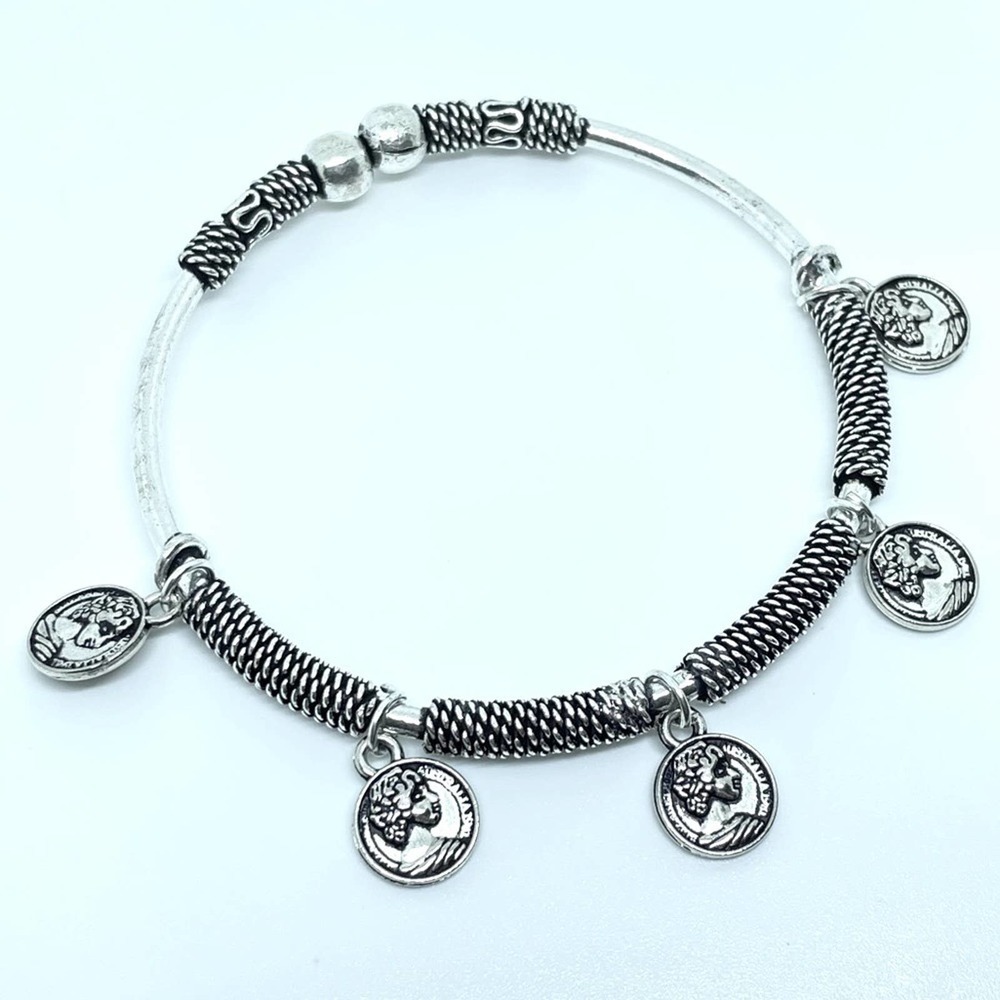 Boho Coin Charm Bracelet | Adjustable Silver Stack Bangle | Festival Jewelry - Picture 4 of 15